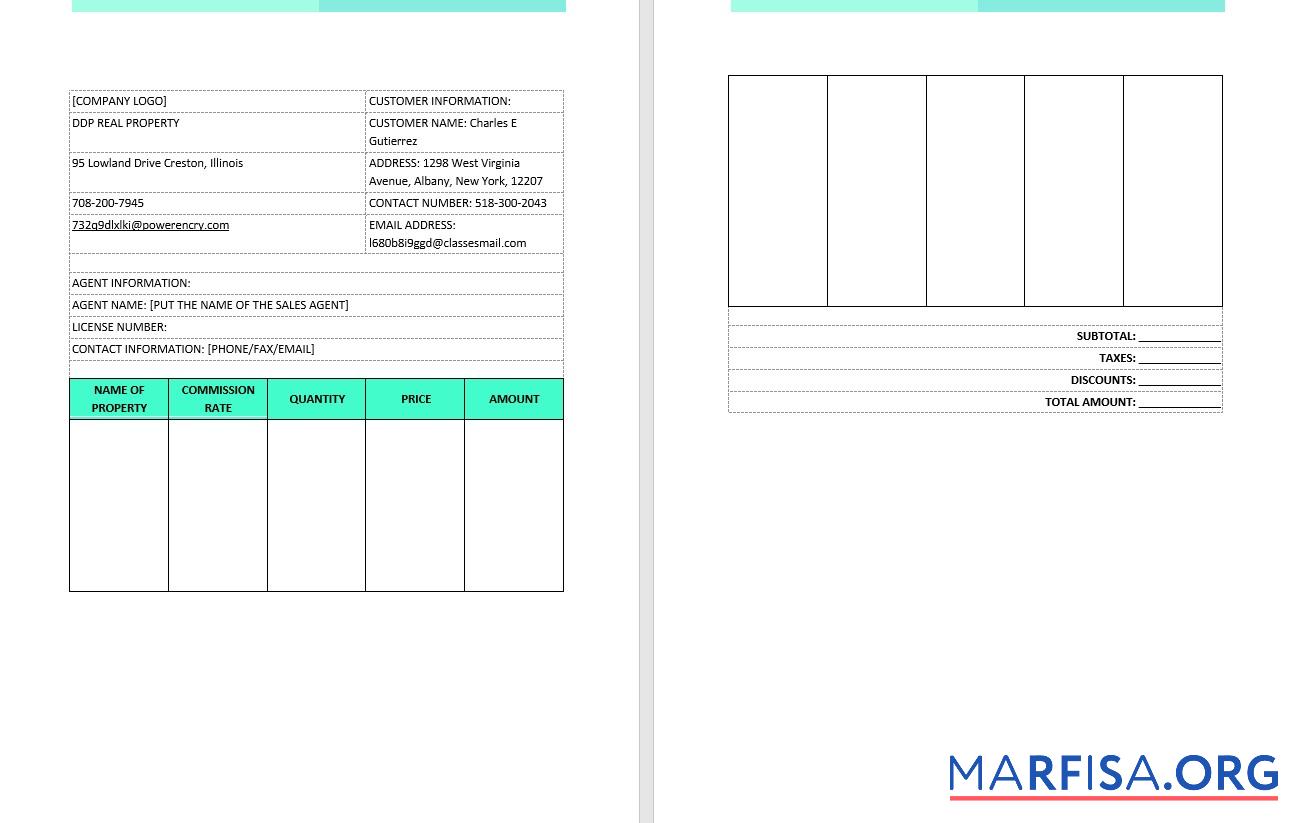 Blank Real Estate Brokerage Commission Invoice Template